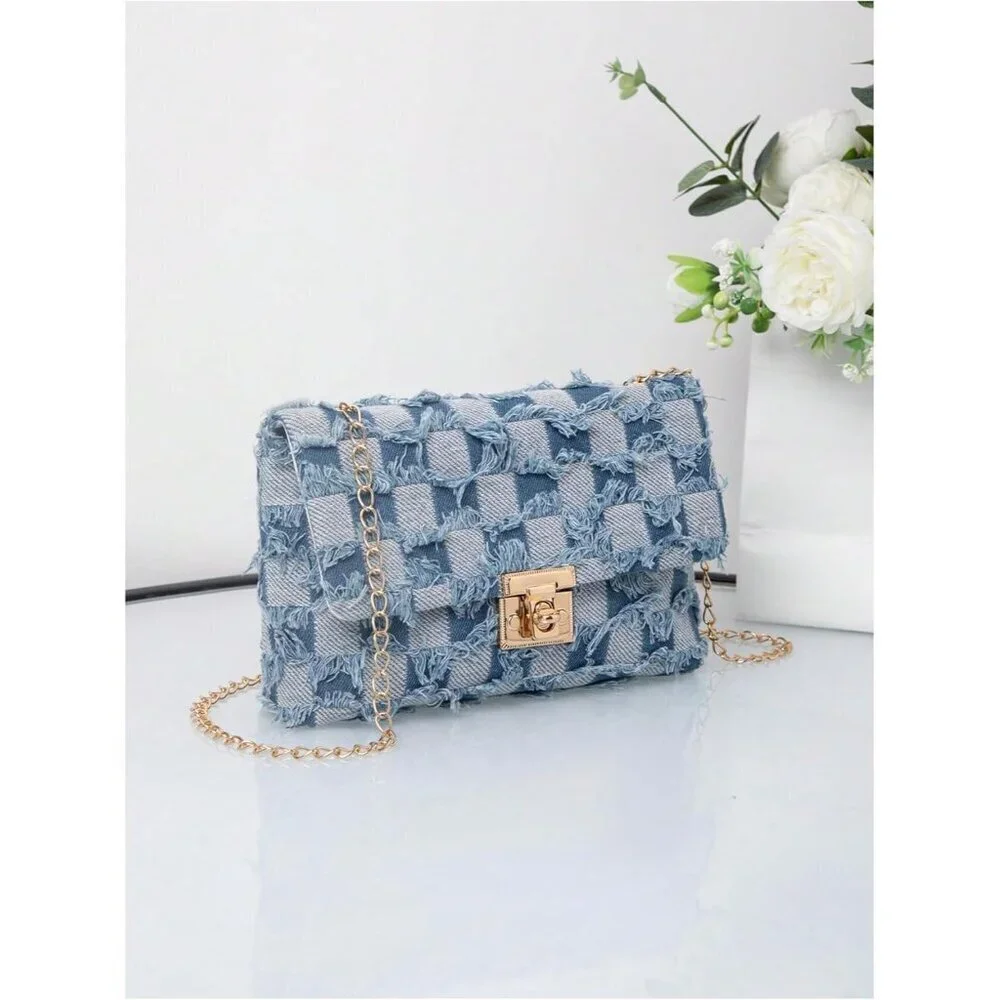 Women's Distressed Denim Crossbody Bag Mini Purse with Chain and Twist Lock
